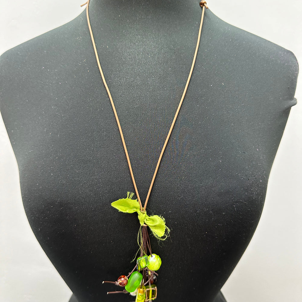 Vegan Leather Lime Green Bow Glass Beads Necklace