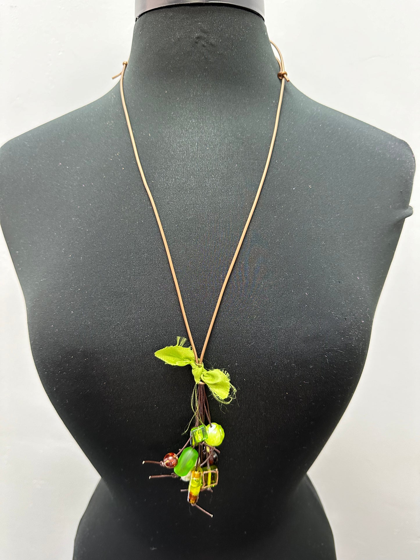 Vegan Leather Lime Green Bow Glass Beads Necklace