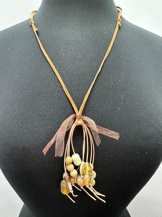 Brown Ribbon Glass Beads Necklace