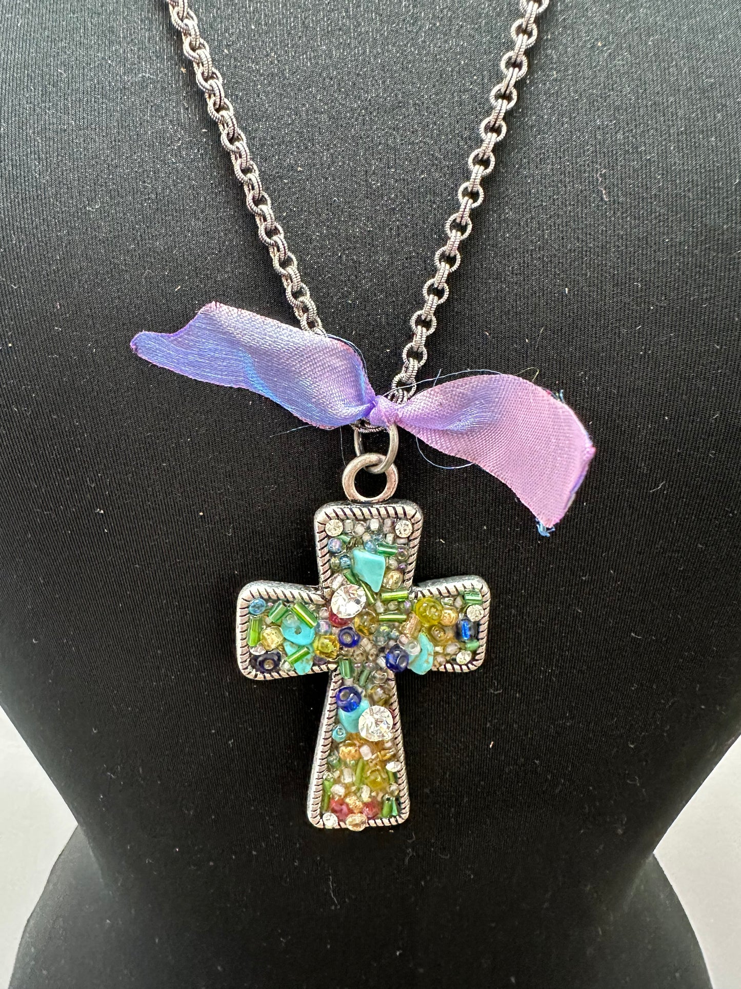 Purple Ribbon Glass Beads Cross Necklace
