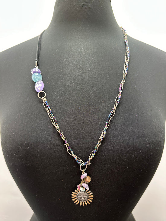 Sun Pendant Purple and Blue Glass Beads Necklace