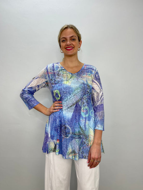 Purple Abstract 3/4 Sleeve V Neck Burnout Tunic