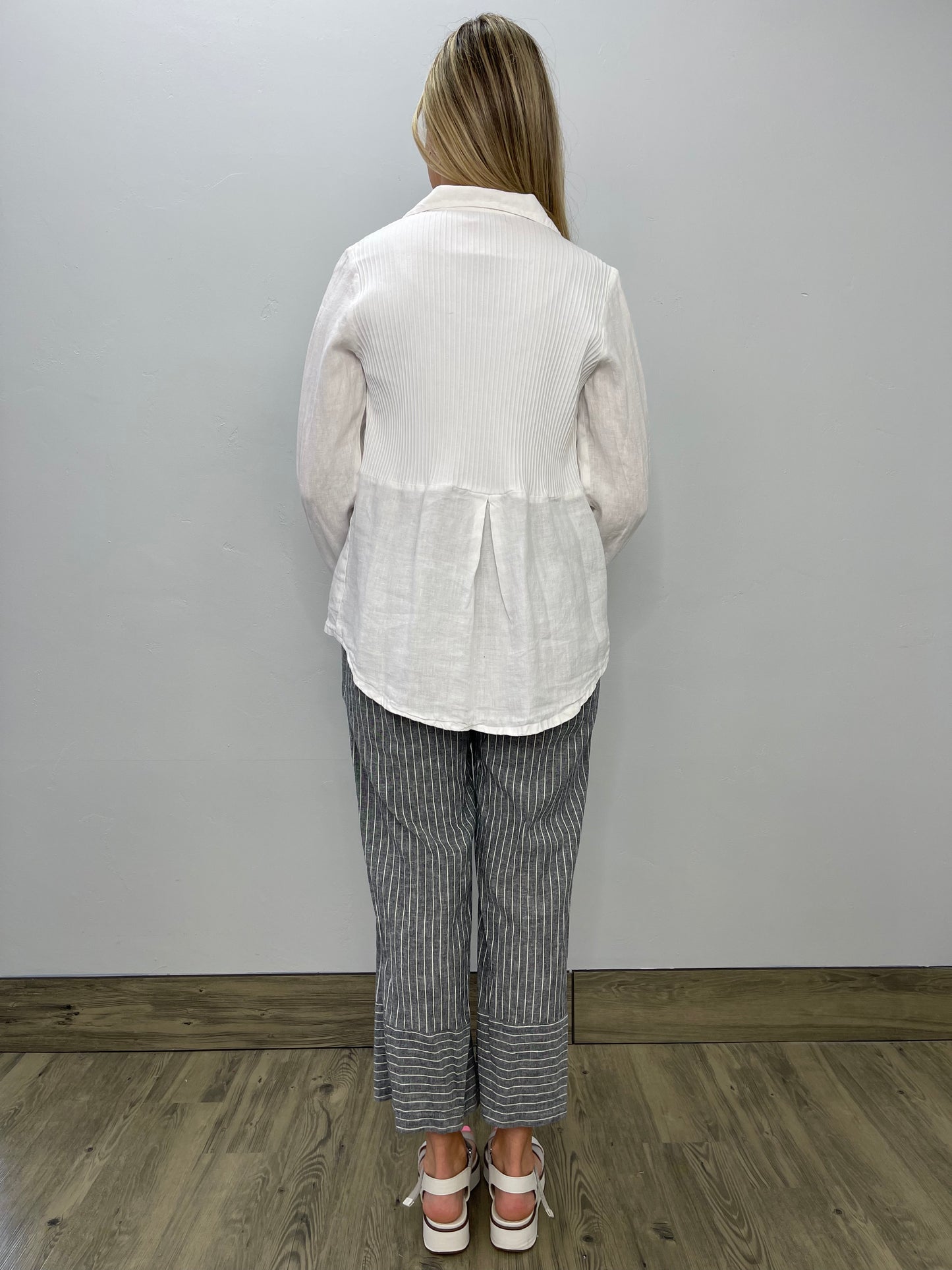 White Ribbed Back Linen Button Down Shirt