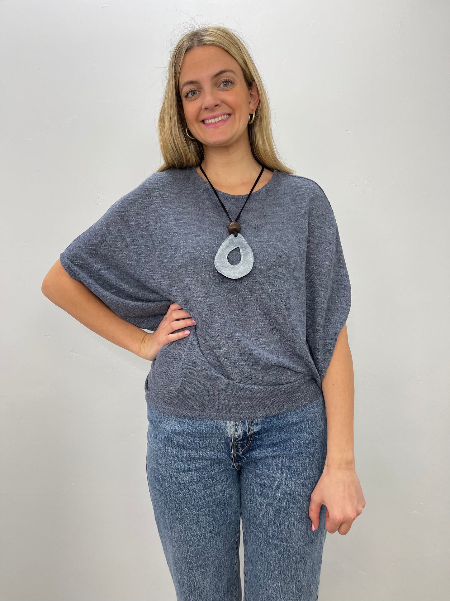 Indigo Low Gage Knit Crew Neck with Dolman Sleeve