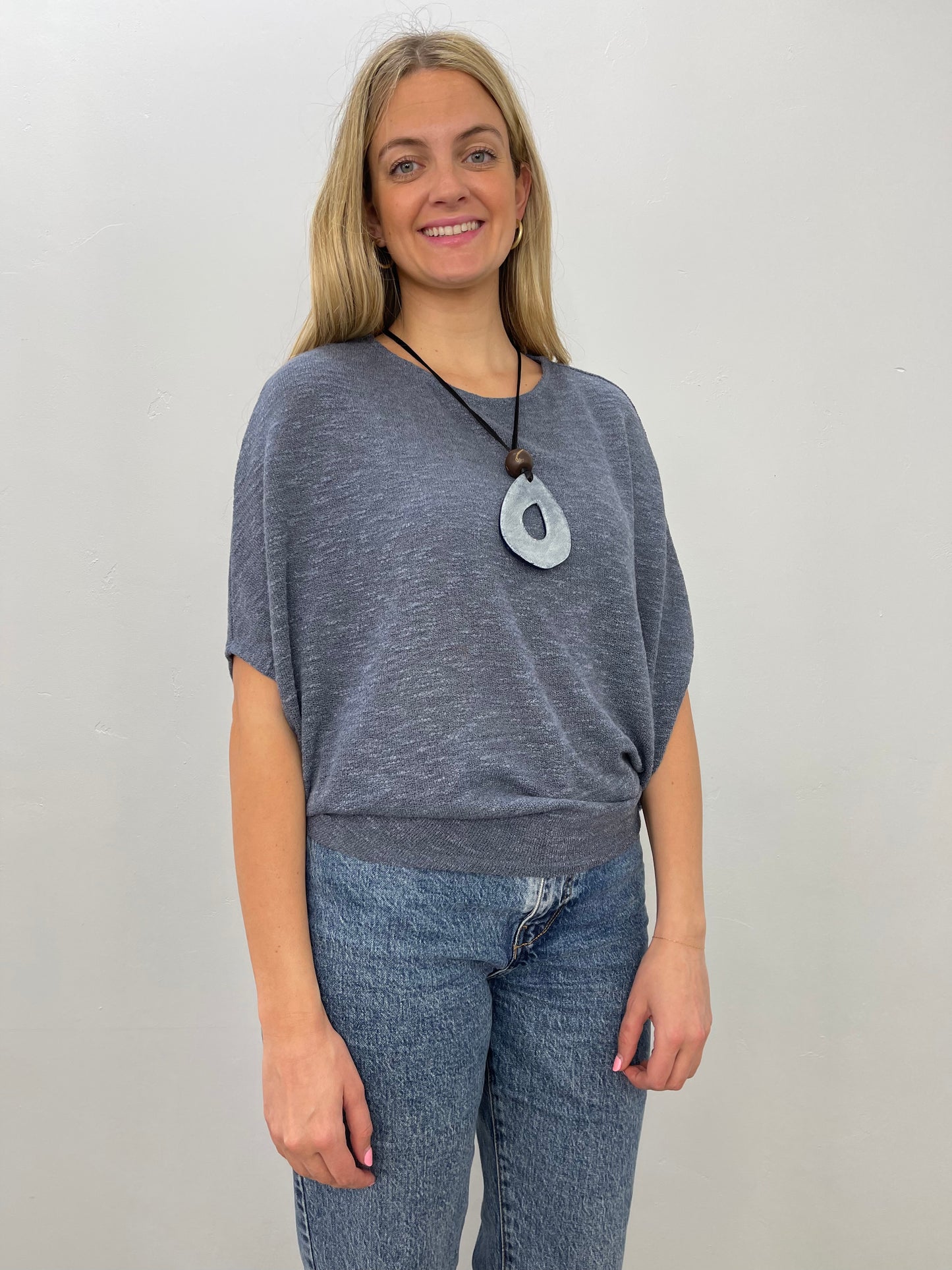 Indigo Low Gage Knit Crew Neck with Dolman Sleeve