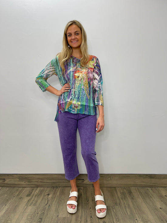 Teal 3/4 Sleeve Burnout Tunic with Chiffon
