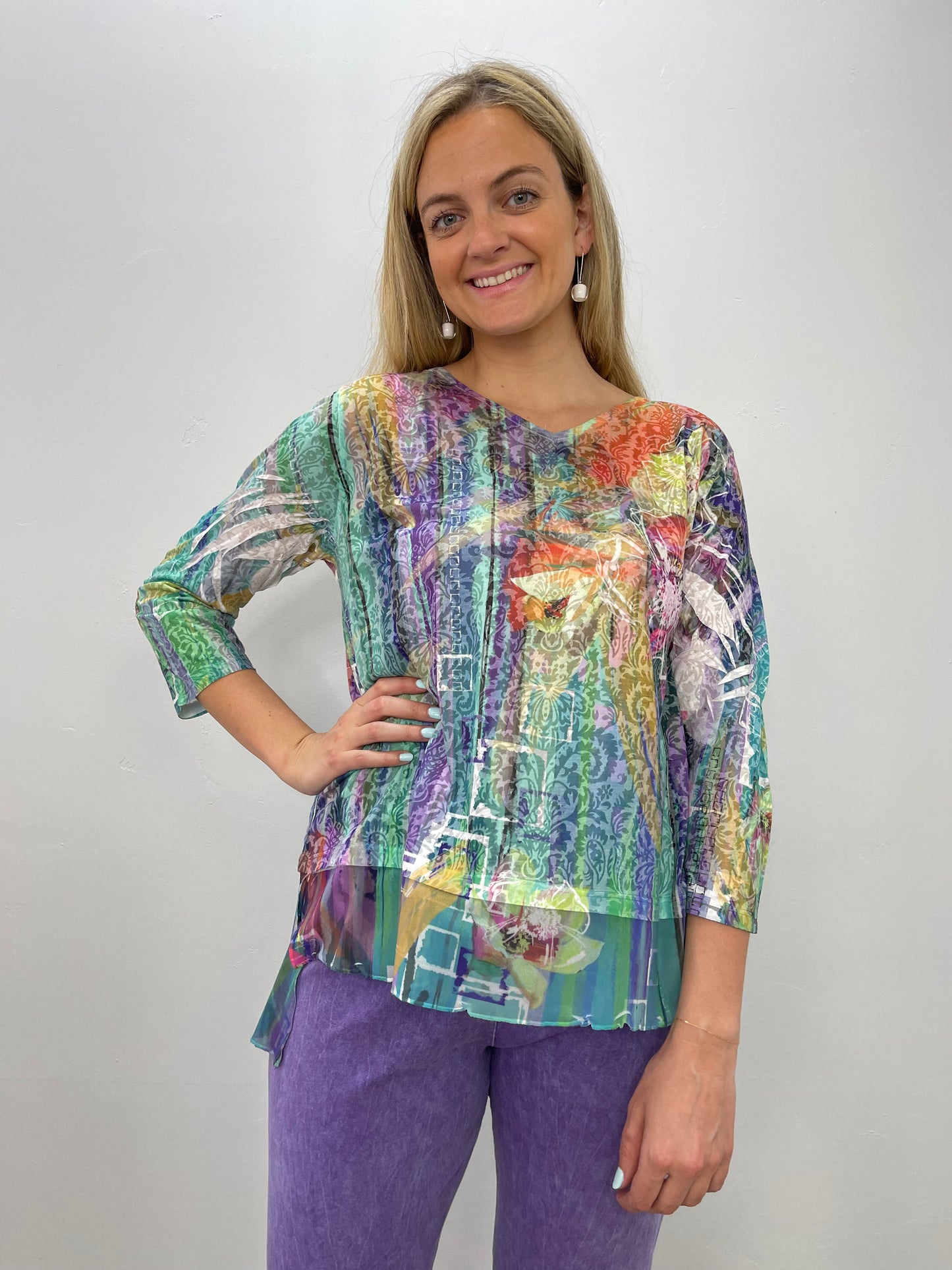 Teal 3/4 Sleeve Burnout Tunic with Chiffon
