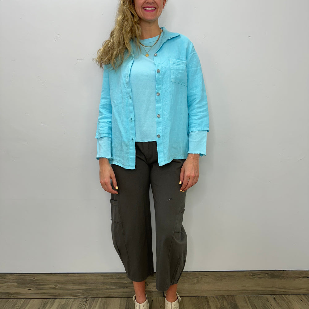 Arctic Blue Linen Button Down Top