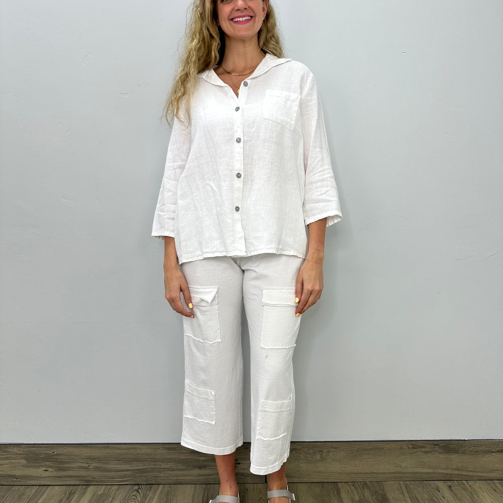 
                  
                    White Linen Button Down Top
                  
                