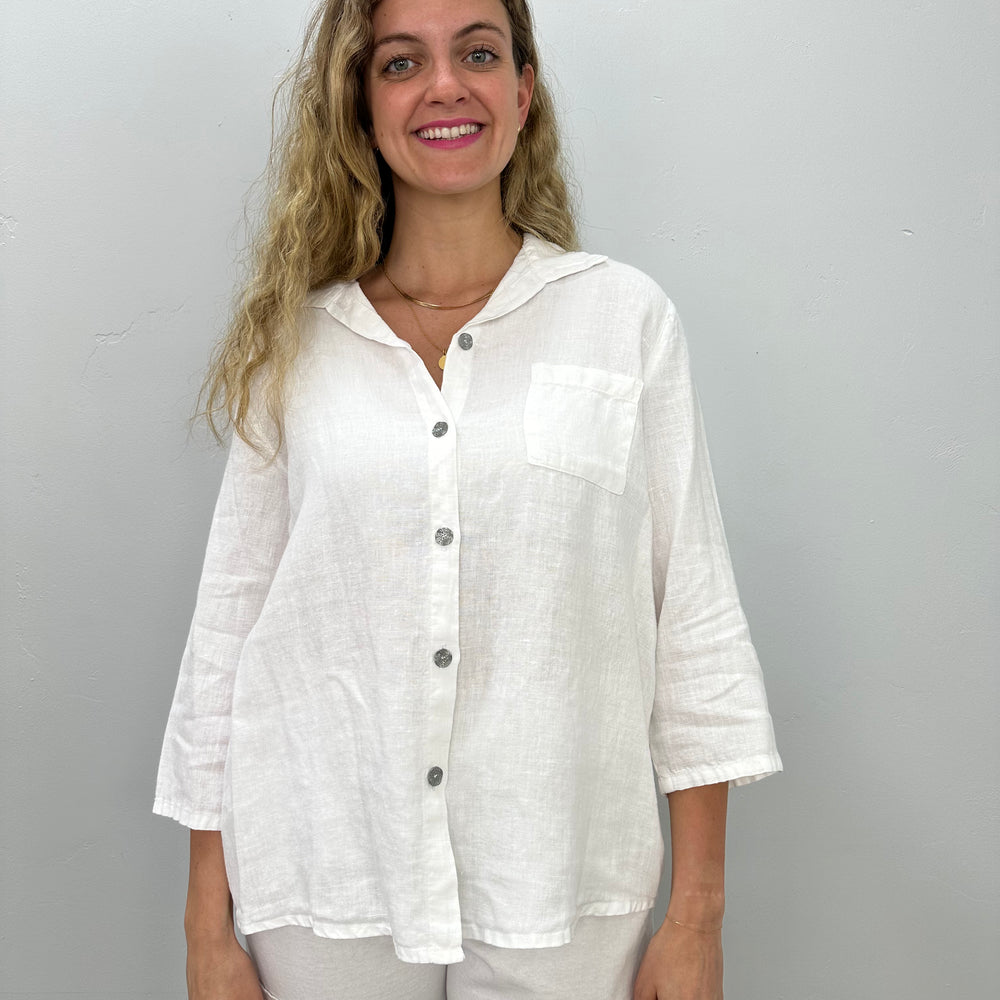 
                  
                    White Linen Button Down Top
                  
                