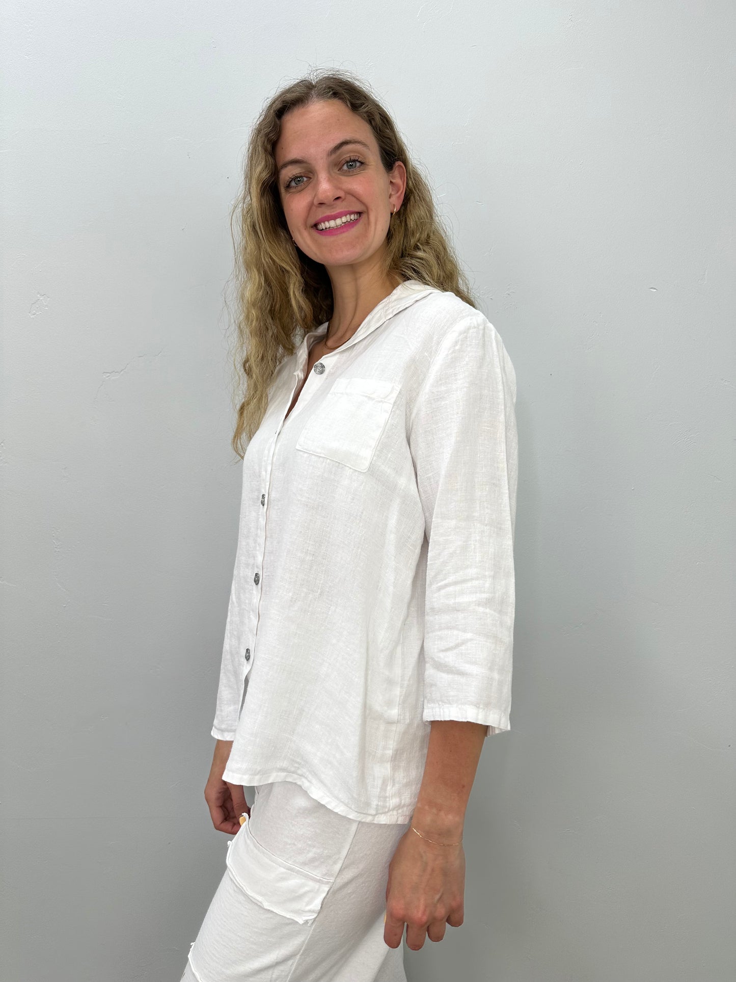 White Linen Button Down Top