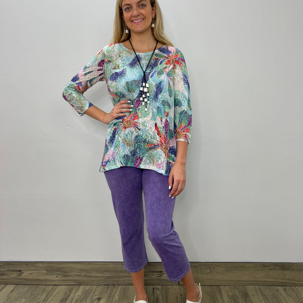 Watercolor Floral 3/4 Sleeve Crew Neck Burnout Tunic