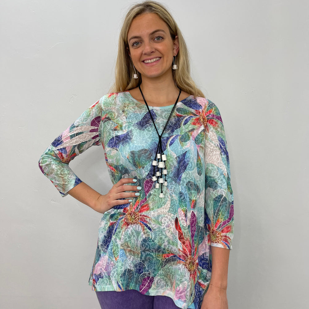 Watercolor Floral 3/4 Sleeve Crew Neck Burnout Tunic