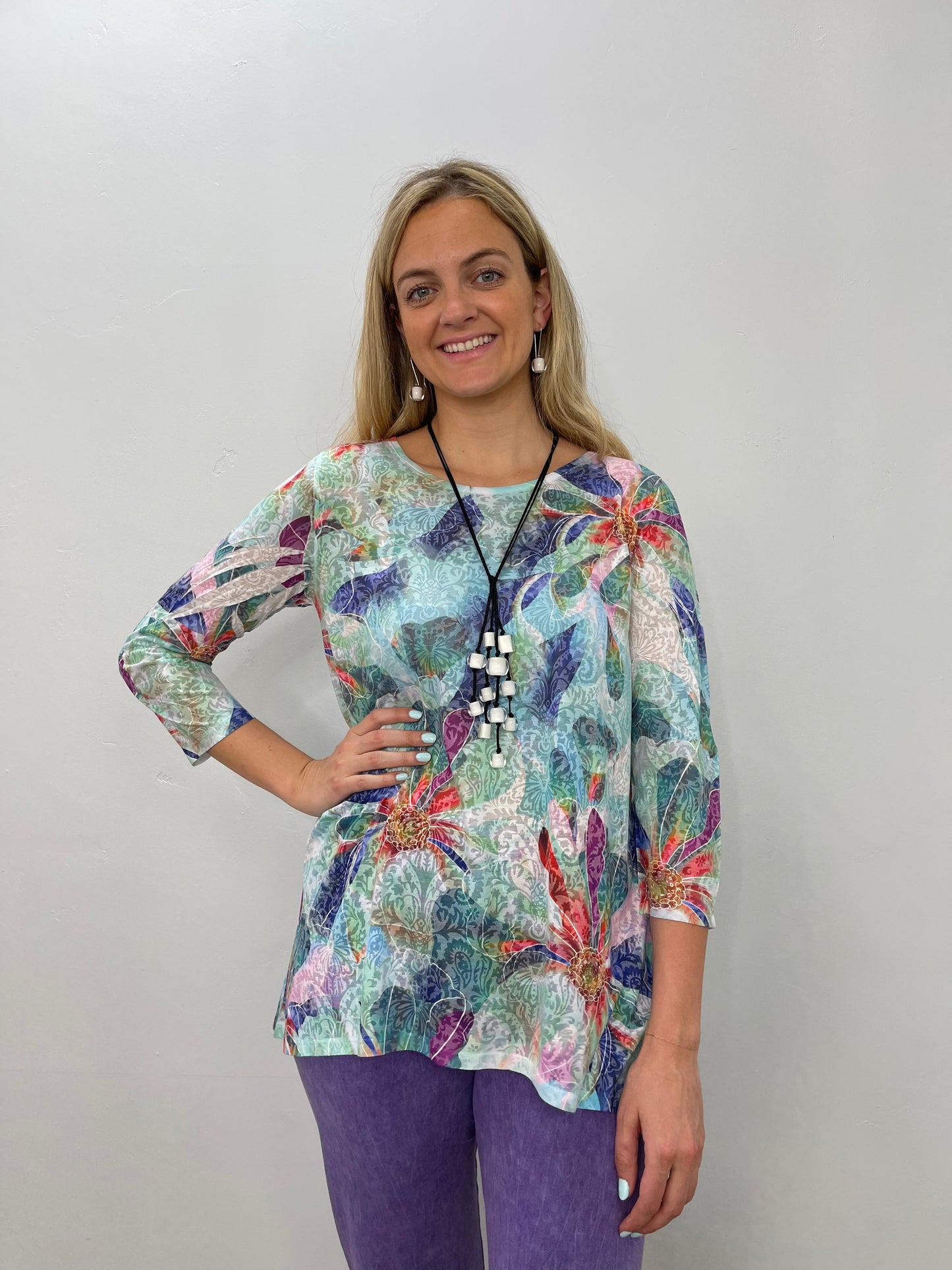 Watercolor Floral 3/4 Sleeve Crew Neck Burnout Tunic