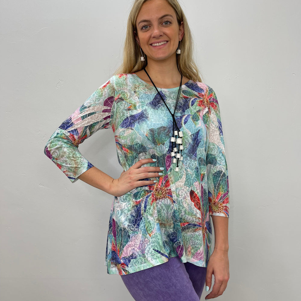 
                  
                    Watercolor Floral 3/4 Sleeve Crew Neck Burnout Tunic
                  
                