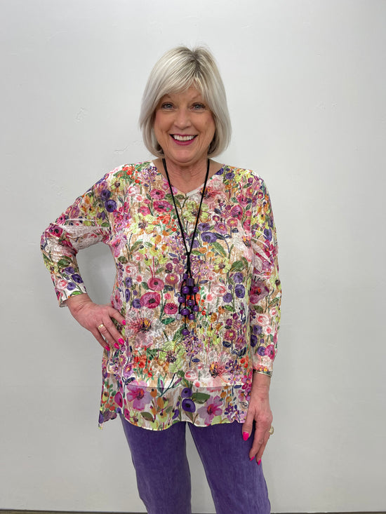 Floral 3/4 Sleeve Burnout Tunic with Mesh layers