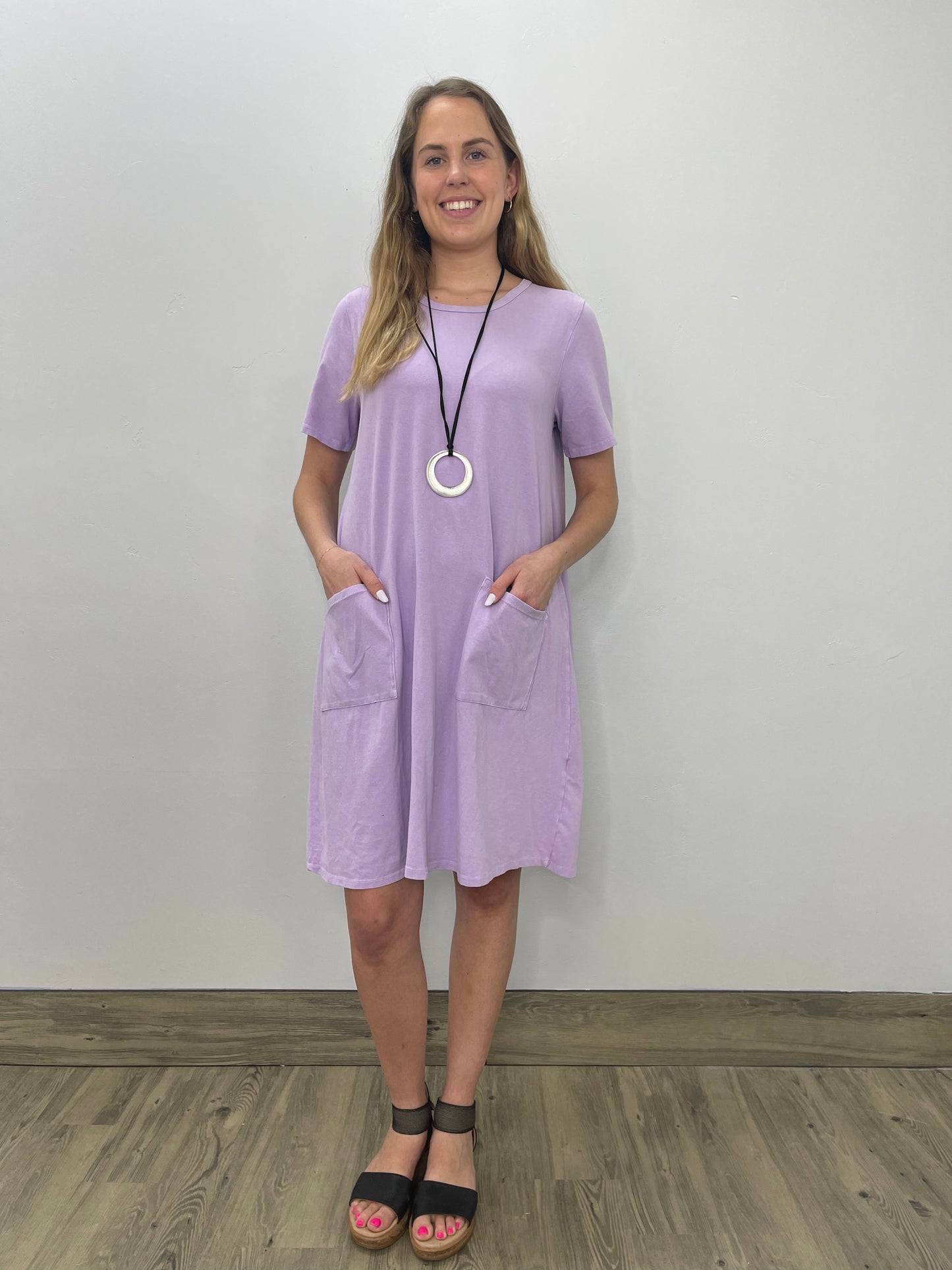 Load image into Gallery viewer, Short Sleeve A-line Cotton Lilac Dress

