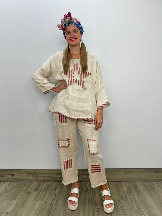 Linen Pant with Red Vintage Stripe