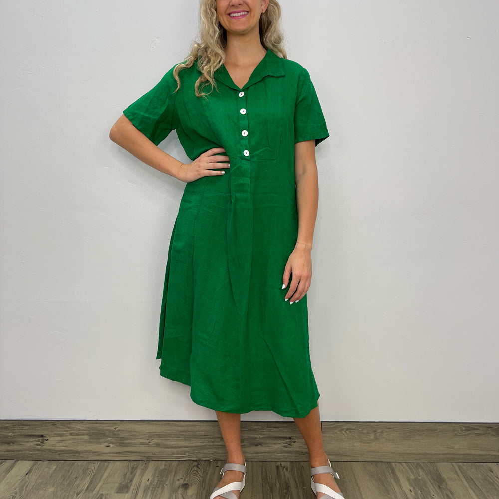 Palm Short Sleeve Linen Dress with Pockets