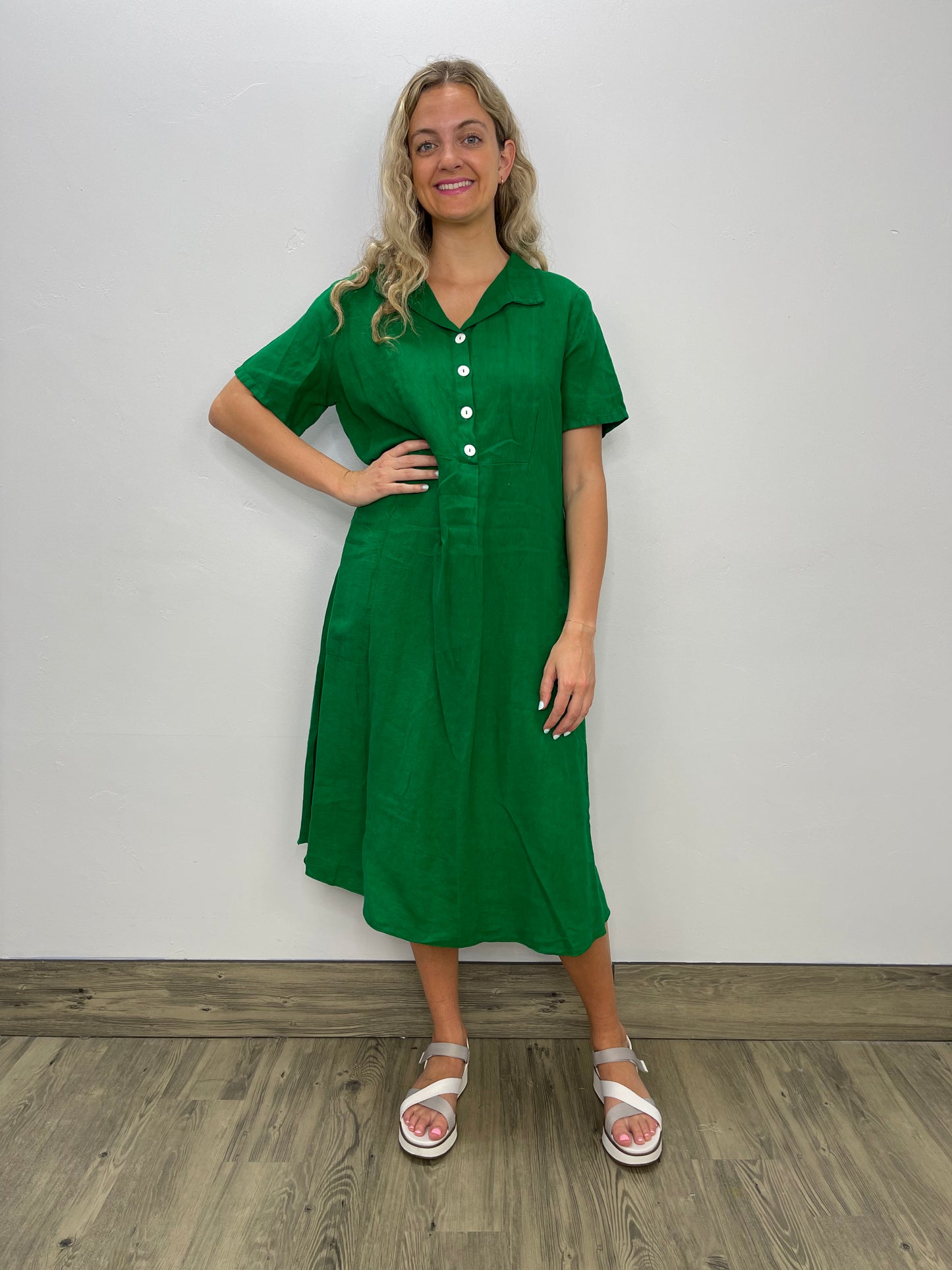 Palm Short Sleeve Linen Dress with Pockets