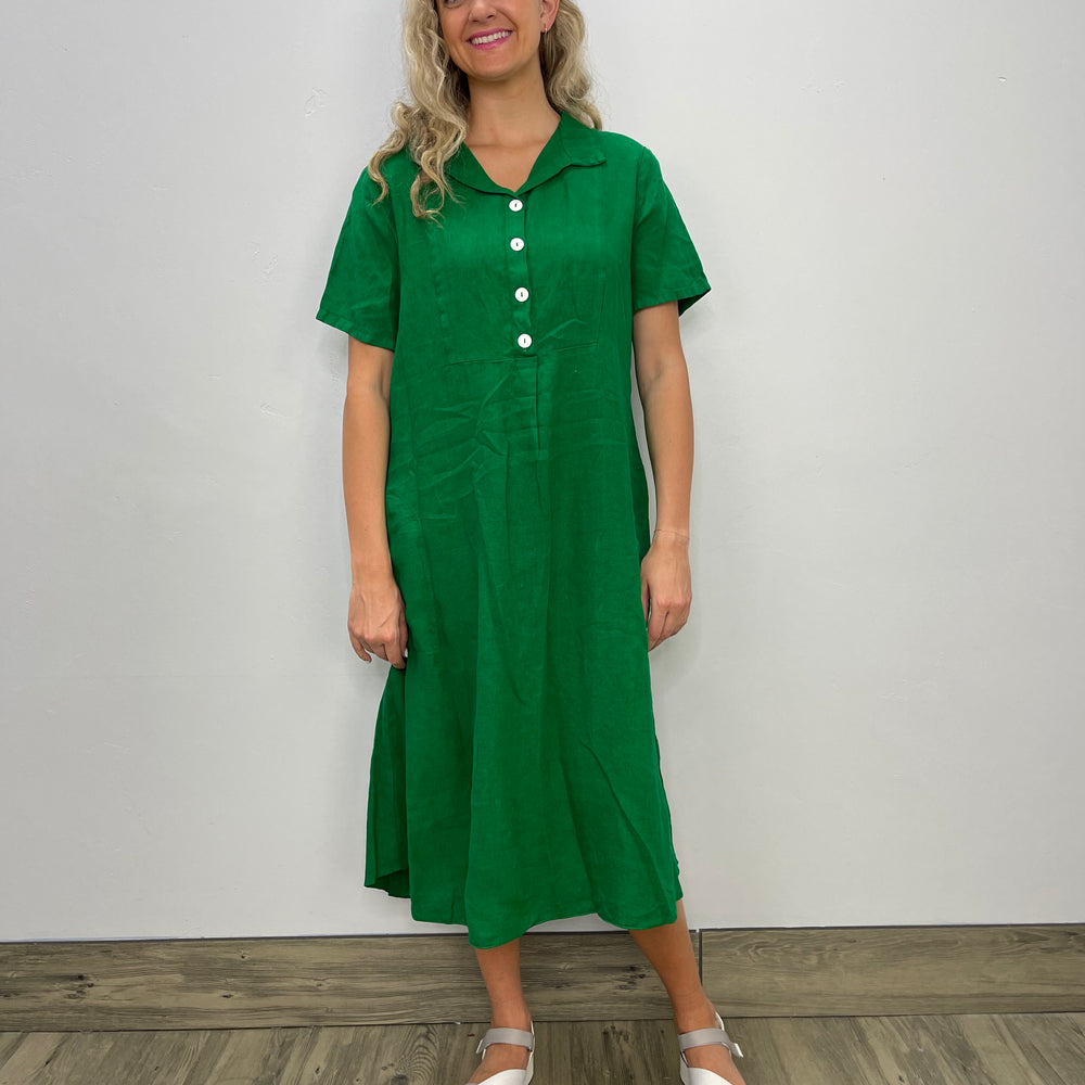 Palm Short Sleeve Linen Dress with Pockets