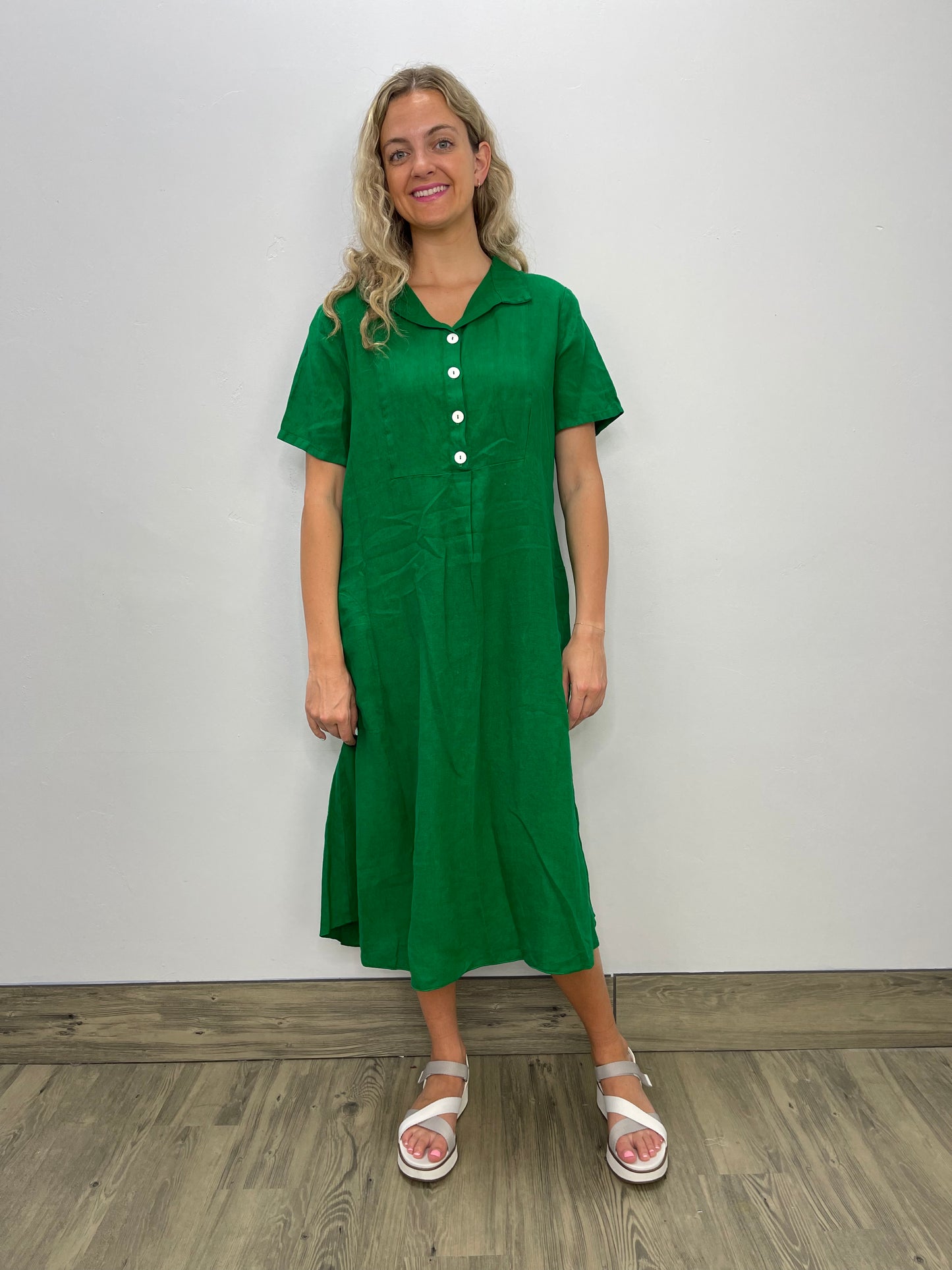 Palm Short Sleeve Linen Dress with Pockets