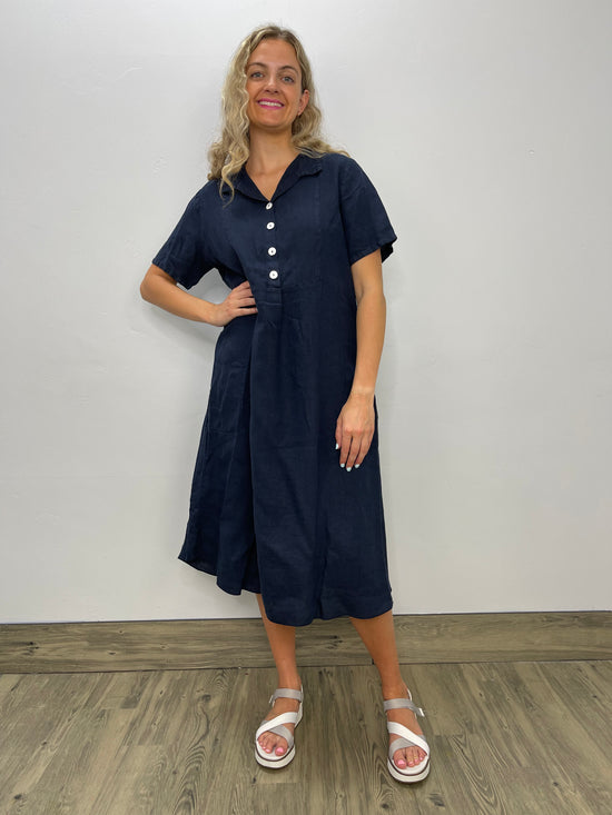 Load image into Gallery viewer, Navy Short Sleeve Linen Dress with Pockets
