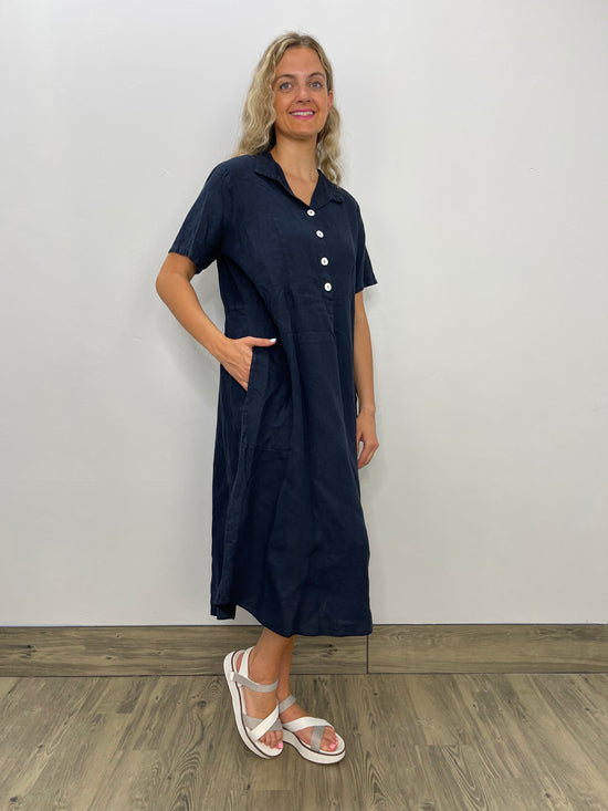 Load image into Gallery viewer, Navy Short Sleeve Linen Dress with Pockets
