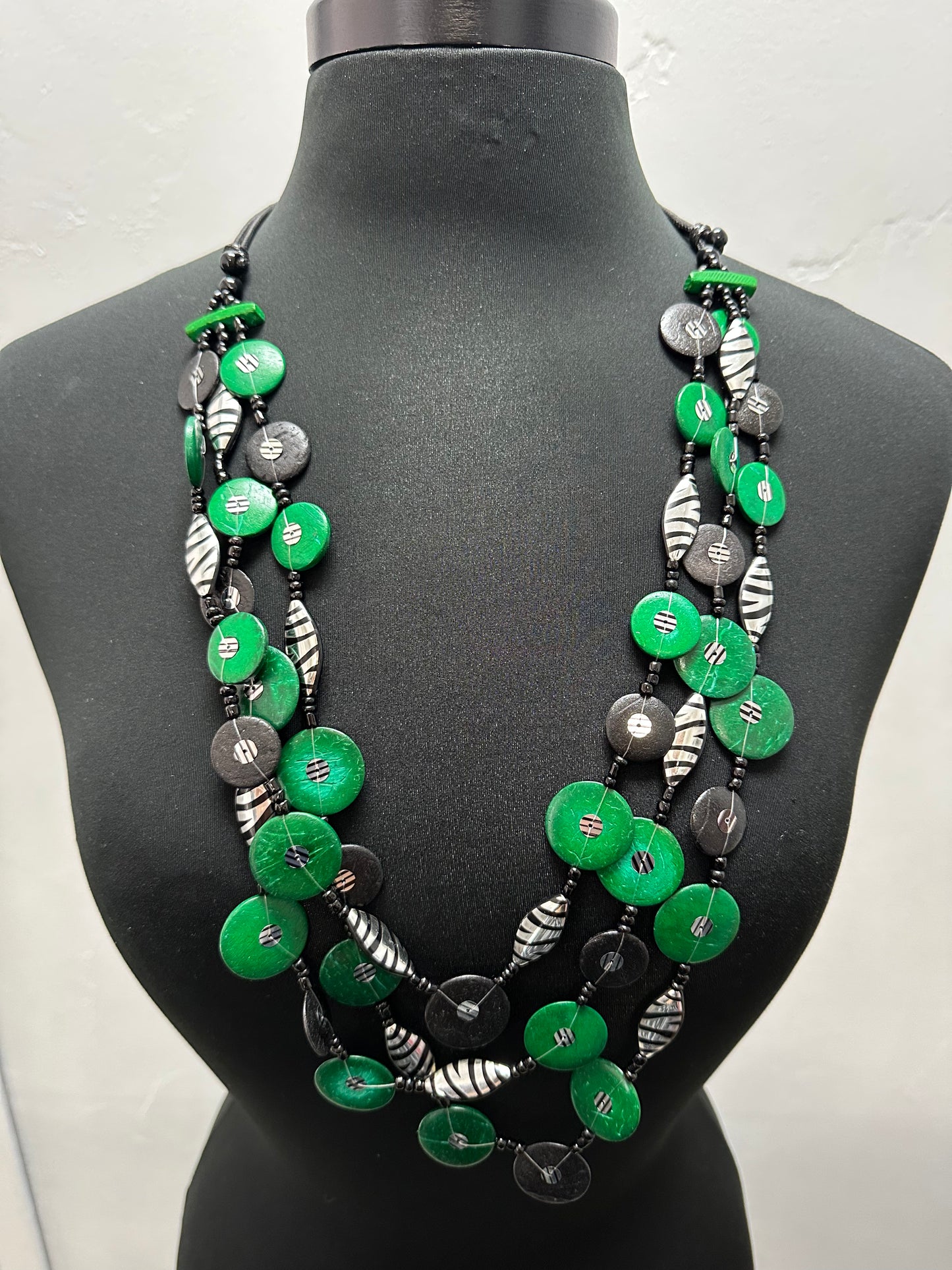 Green 3 Strand Disk Necklace