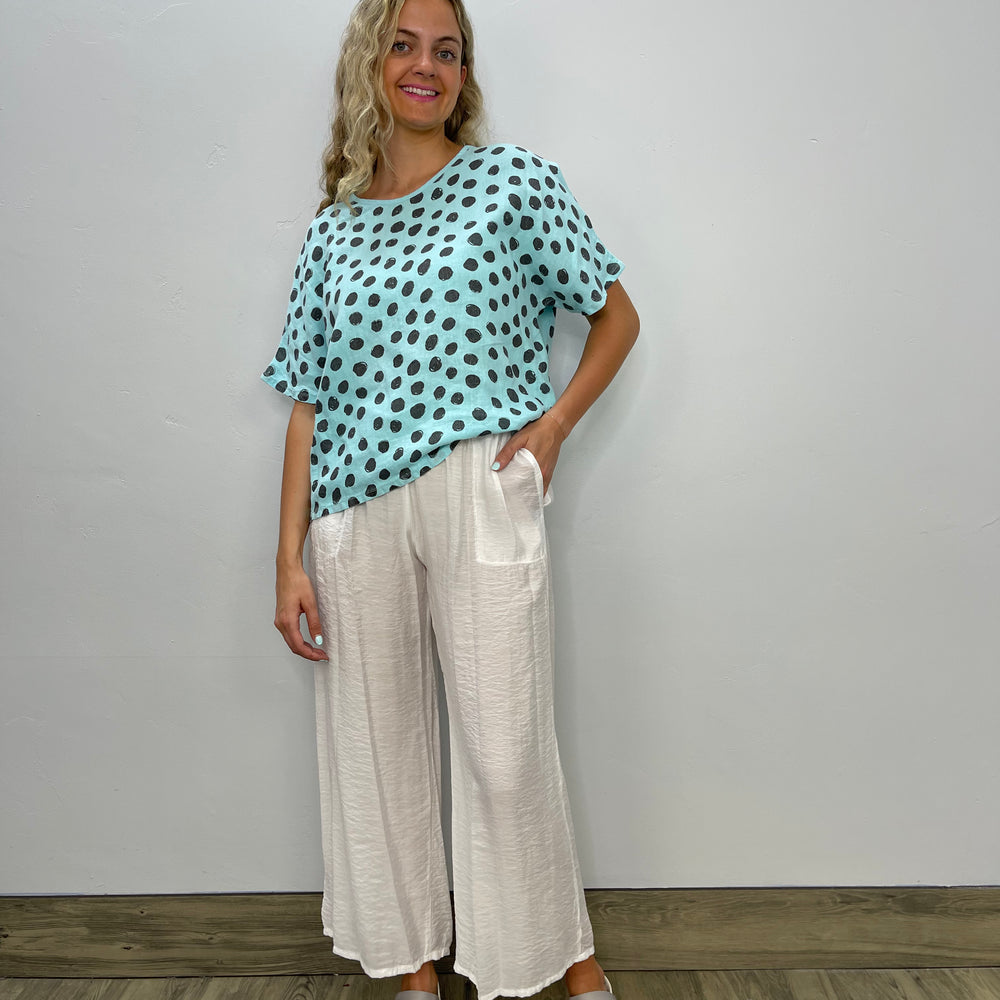 Ice Blue Polka Dot Linen Short Sleeve Oversize Top