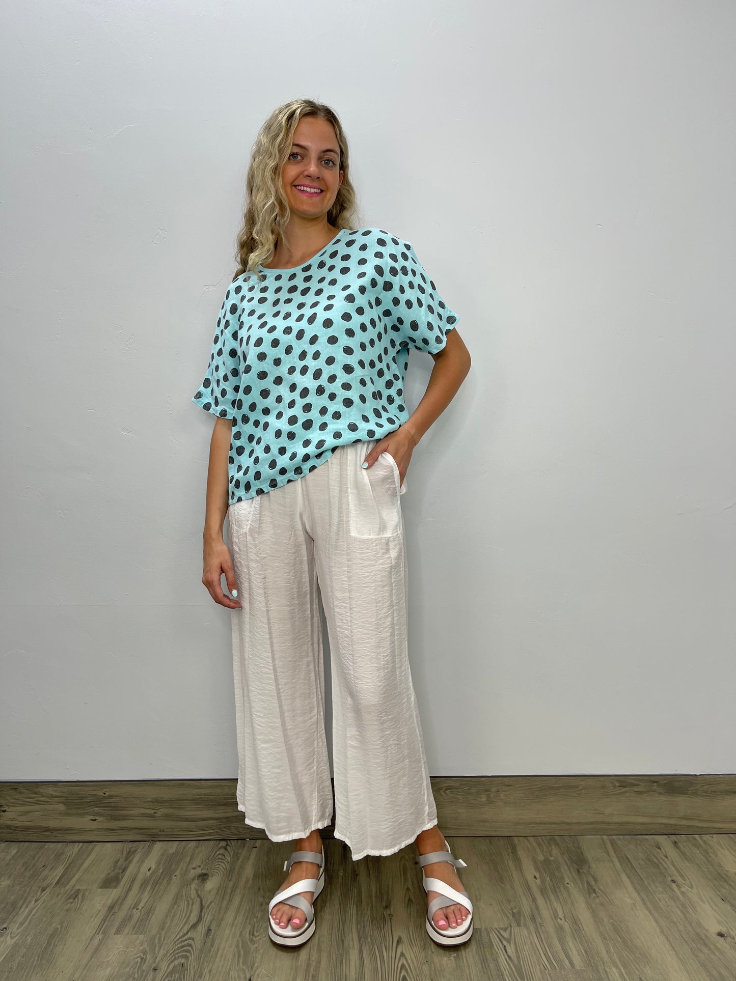 Ice Blue Polka Dot Linen Short Sleeve Oversize Top