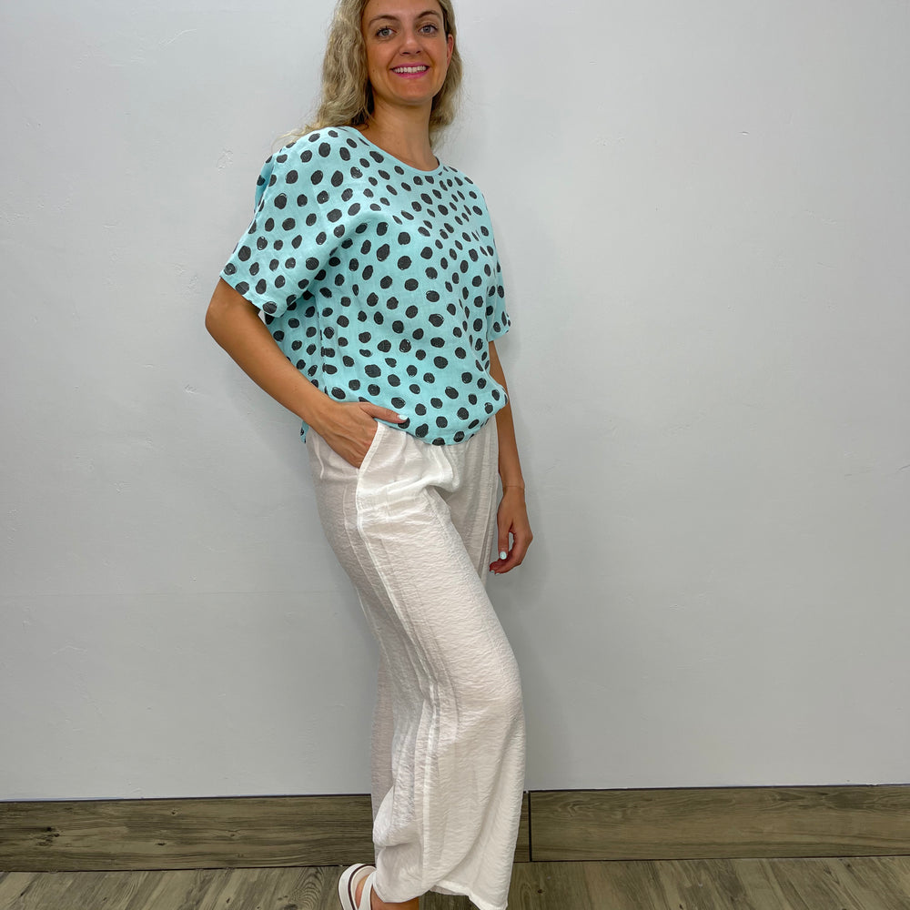 Ice Blue Polka Dot Linen Short Sleeve Oversize Top