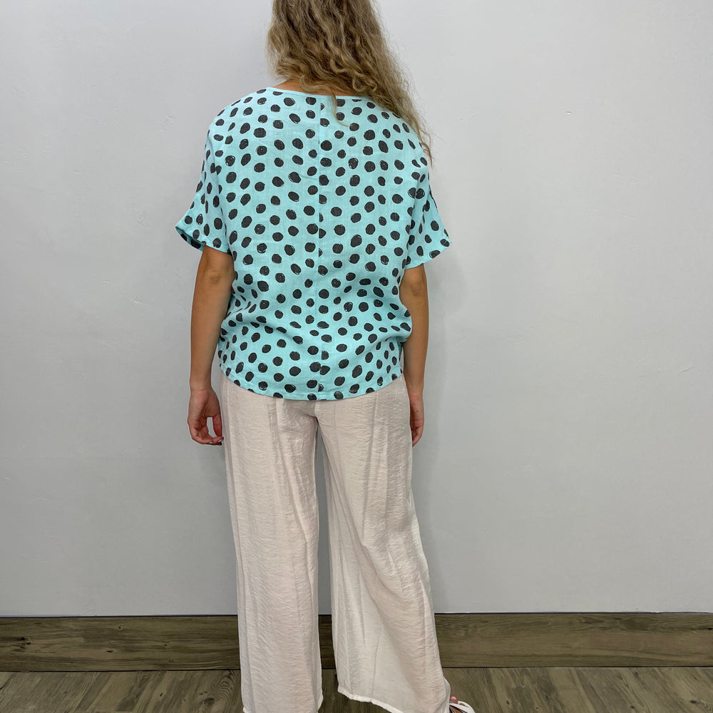 
                  
                    Ice Blue Polka Dot Linen Short Sleeve Oversize Top
                  
                