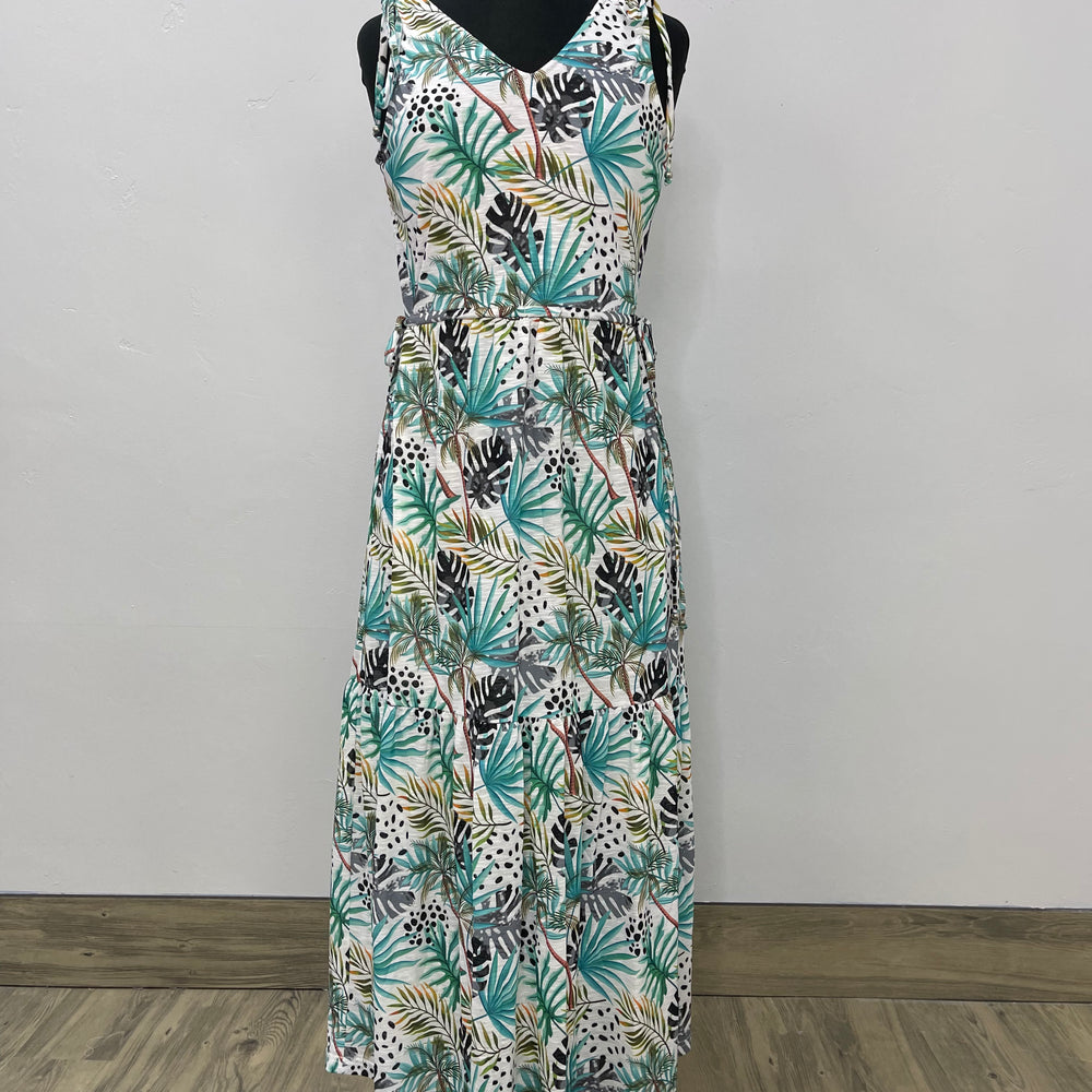 Palm Leaves V Neck Sleeveless Maxi Dress