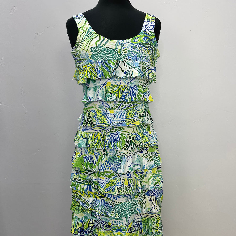 Green Pattern Sleeveless Ruffle Dress