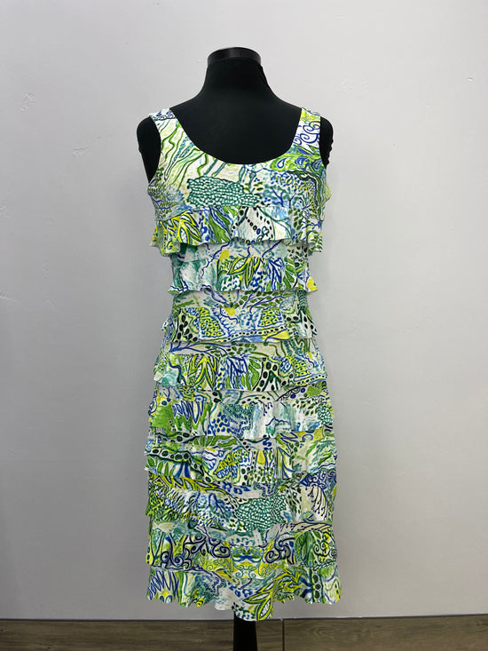 Green Pattern Sleeveless Ruffle Dress