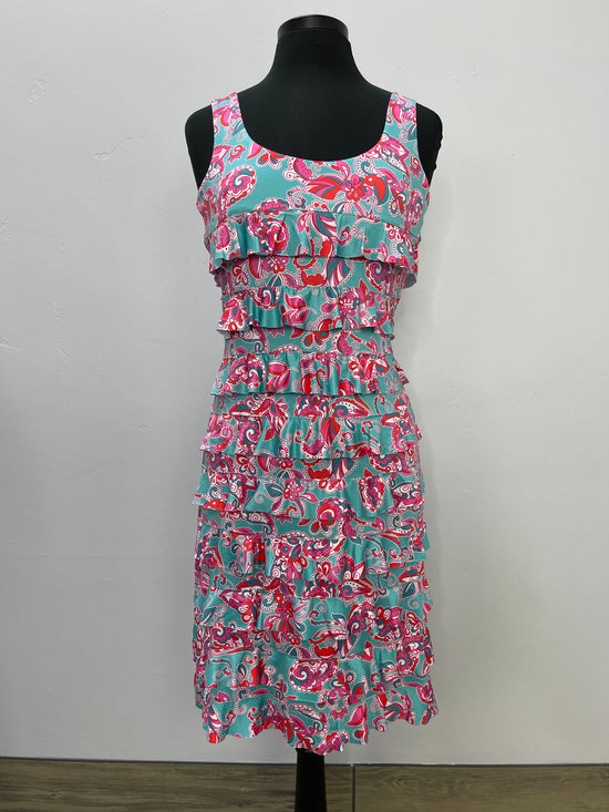 Load image into Gallery viewer, Turquoise Paisley Sleeveless Ruffle Dress
