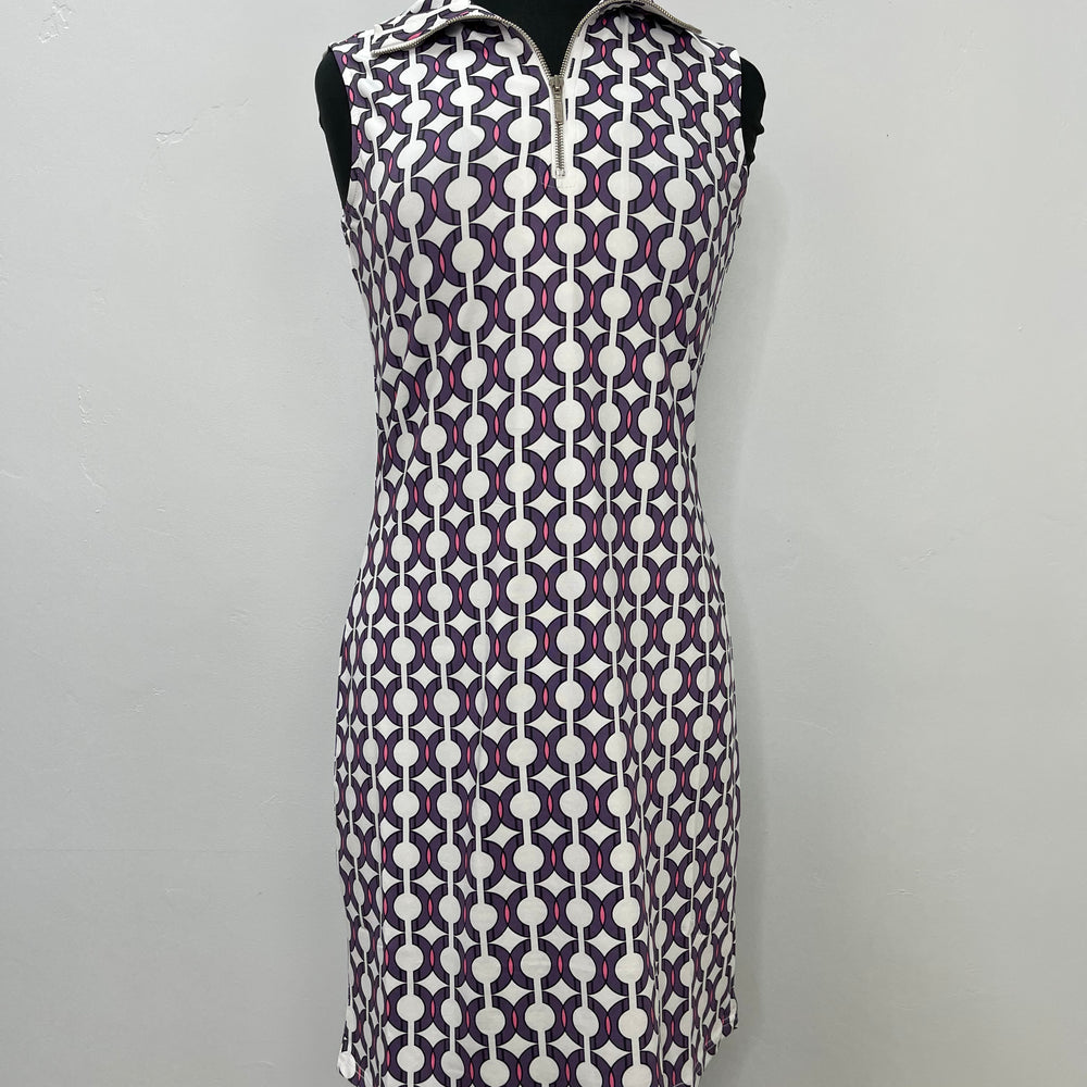 Purple Pattern Sleeveless Zip Collar Dress