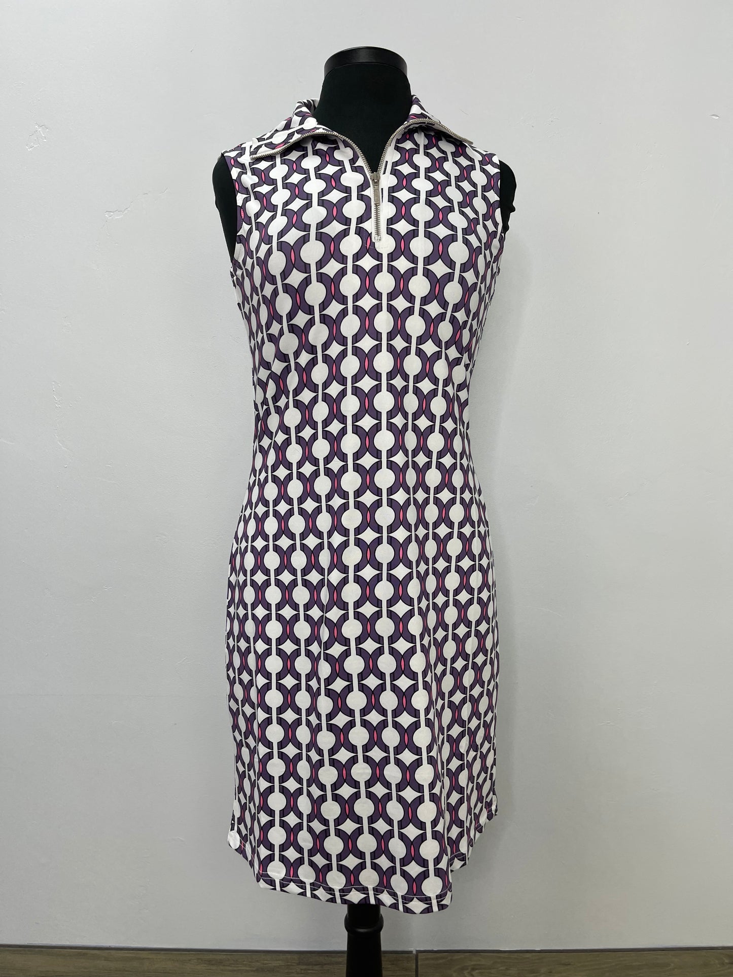 Purple Pattern Sleeveless Zip Collar Dress