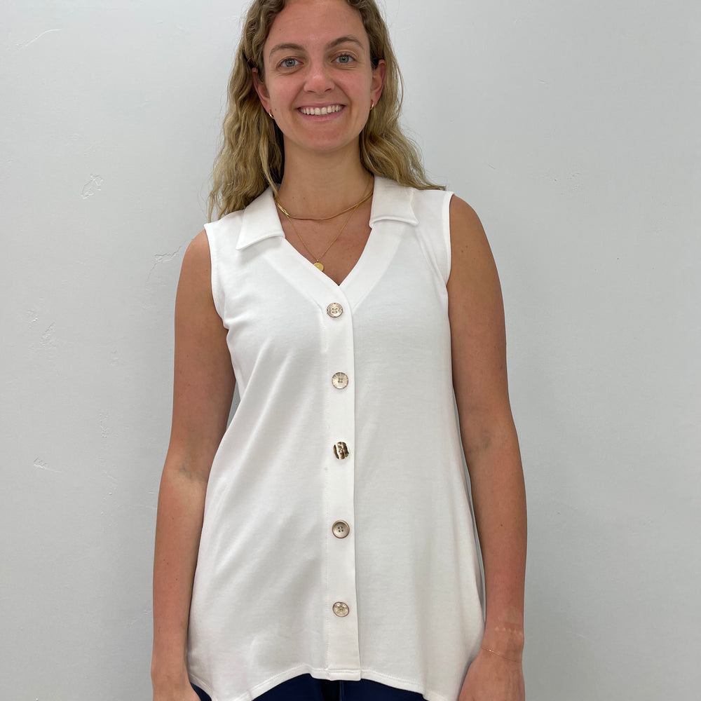 White Bamboo Button Down Placket Sleeveless Tunic