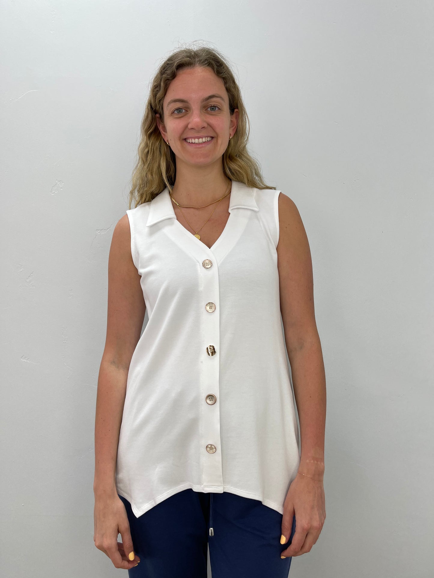 White Bamboo Button Down Placket Sleeveless Tunic