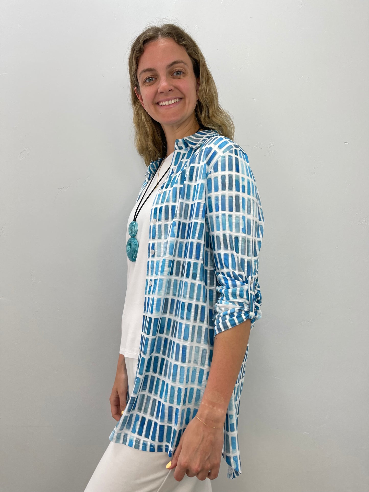 Geometric Blue Shades Collared Button Down Top