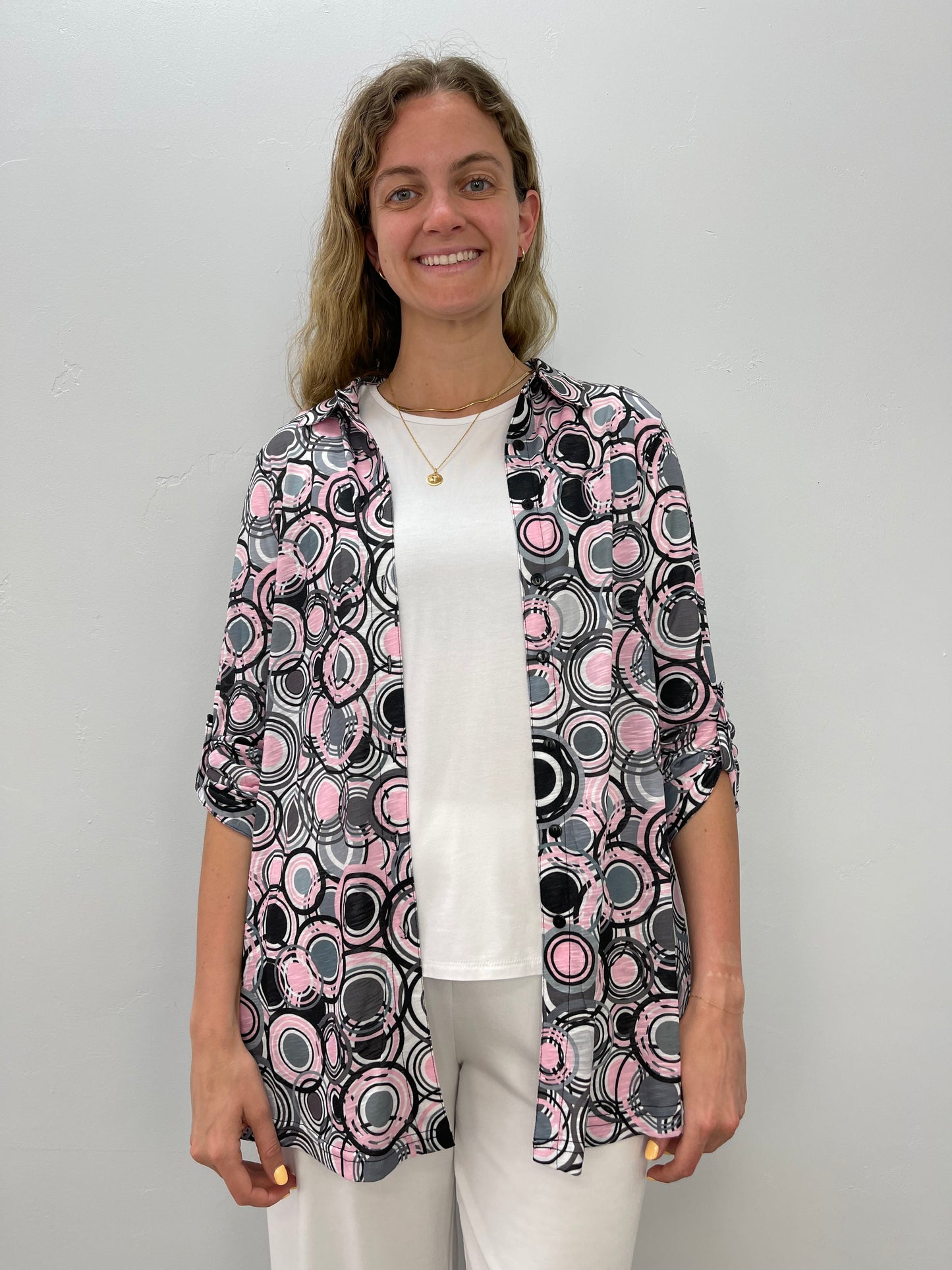 Pink and Grey Swirls Collared Button Down Top