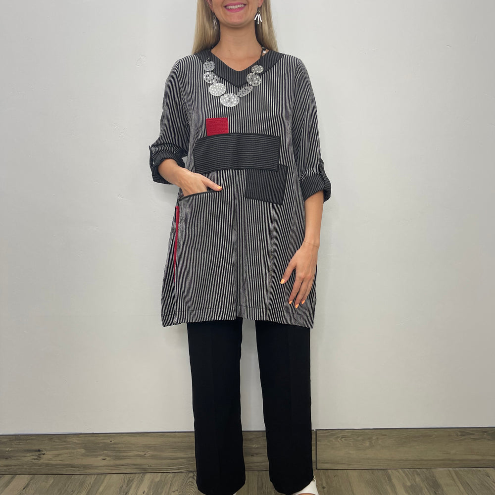 3/4 Sleeve Stripe Tunic with Red Accent