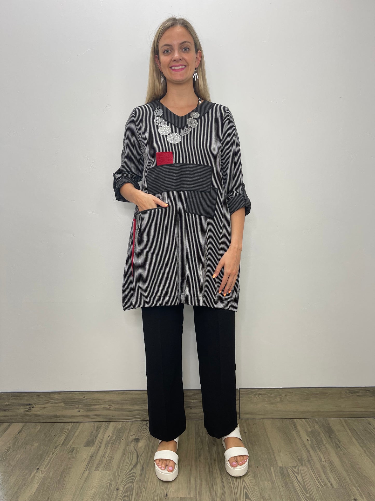 Load image into Gallery viewer, 3/4 Sleeve Stripe Tunic with Red Accent
