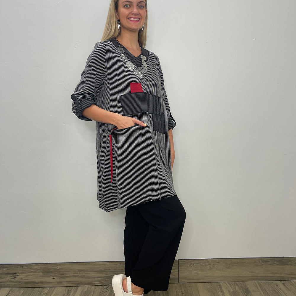 3/4 Sleeve Stripe Tunic with Red Accent