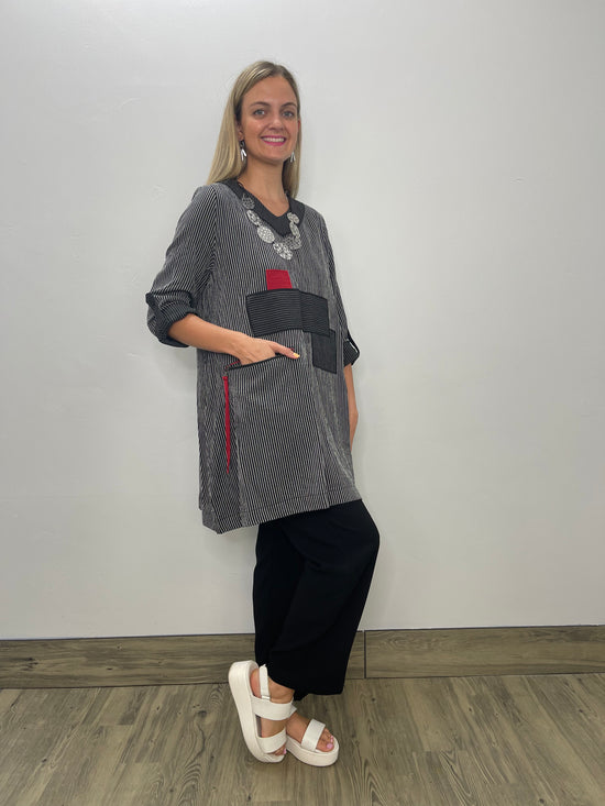 3/4 Sleeve Stripe Tunic with Red Accent