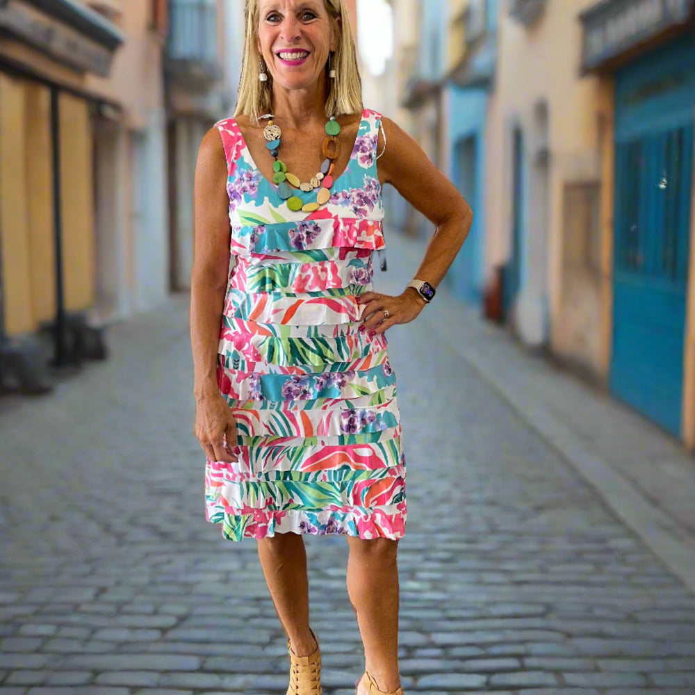 Pink and Teal Forest Sleeveless Ruffle Dress