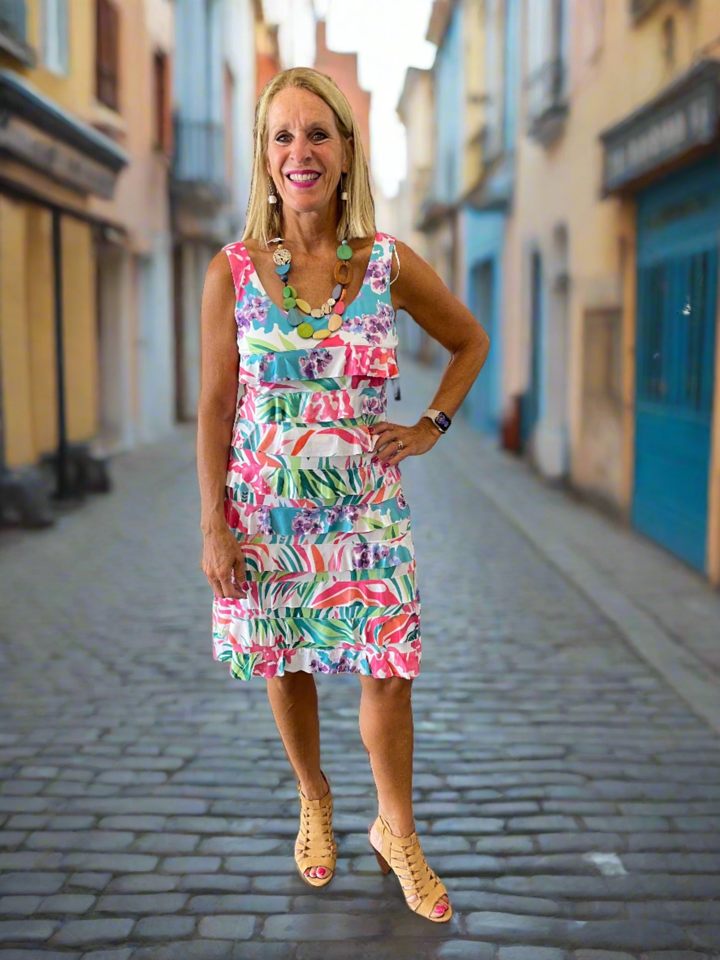 Pink and Teal Forest Sleeveless Ruffle Dress