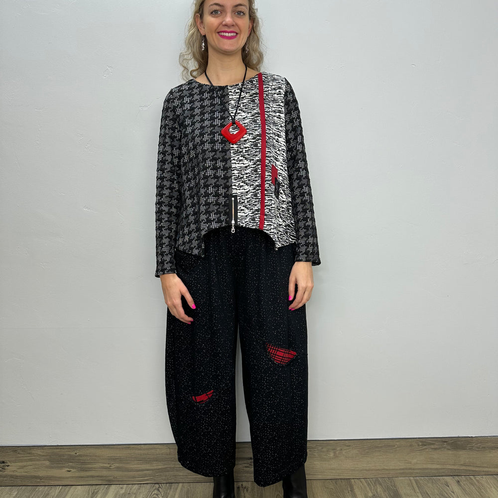 Gray and Black Pattern Long Sleeve with Red Accents